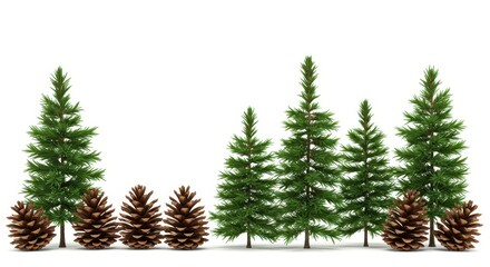 Obraz premium Isolated row of green pine trees and brown pine cones against a stark white backdrop, perfect for seasonal designs ,frame, element, branch