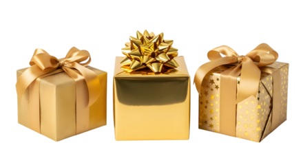 Three golden gift boxes with bows