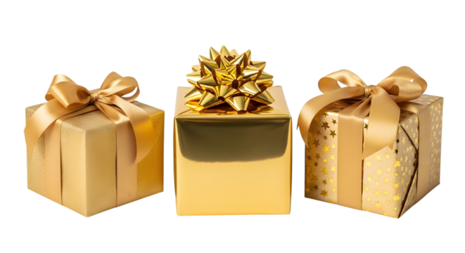Three golden gift boxes with bows