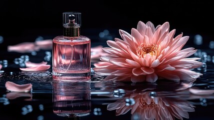 Luxury Pink Perfume Bottle with Flower on dark water surface backdrop
