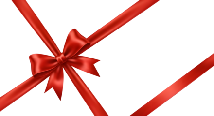 A vibrant red satin ribbon tied into a perfect bow, isolated on a clean transparent background, symbolizing celebration and giftgiving