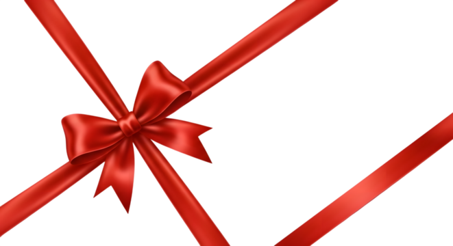 A vibrant red satin ribbon tied into a perfect bow, isolated on a clean transparent background, symbolizing celebration and giftgiving