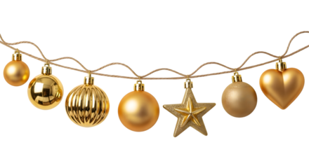 A string of assorted golden christmas ornaments, including balls and a star, hanging against a transparent background, isolated