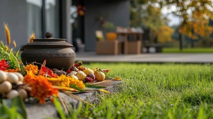 Autumnal abundance: Still life with antique pot and seasonal harvest display