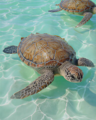 Green sea turtle swimming across the water