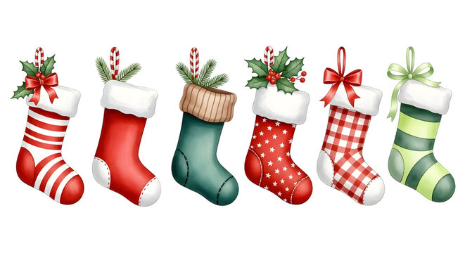 A collection of six festive christmas stockings in various patterns and colors