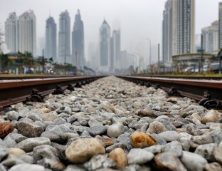 Urban Railway Perspective - A Journey Through Cityscape and Stone.