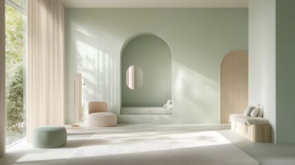 Minimalist interior with soft pastel colors, creating a calm, spacious ambiance