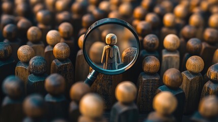 Seeking Talent, Wooden Figurines with Magnifying Glass Representing Individual