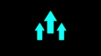 Glowing arrow up animation on black background. Neon arrow glowing. Directional sign arrow points to the Up. Neon cyan upload arrow icon animation on 4k