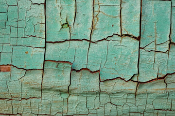 Textured close-up of weathered turquoise wood with peeling paint, showcasing intricate cracks and...