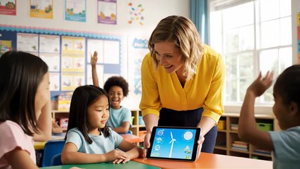 Young female instructor is teaching a group of diverse elementary students about renewable energy using a tablet. The children are actively participating and eagerly raising their hands - Powered by Adobe