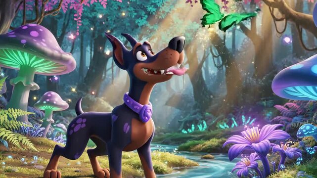 Cartoon doberman pinscher in a magical forest with glowing mushrooms and butterfly