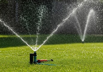 Automatic lawn sprinkler rotating and spraying fresh water over lush green grass on a sunny summer day ,irrigation, water, lawn