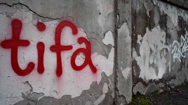 In a rundown urban environment, a weathered concrete wall displays the bold red graffiti Antifa, making a provocative political statement amidst peeling paint and urban grit
