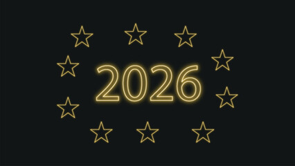 Glowing yellow neon 2026 with stars around it, symbolizing the coming year ahead
