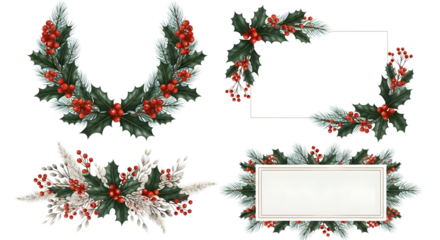 Christmas wreath, corner decoration, and banner with holly, berries, and pine needles