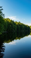 Obraz premium Peaceful natural landscape featuring a calm, glassy lake surface surrounded by deep green woods under a vast blue summer sky, quiet, nature, picturesque