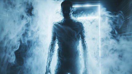 Obraz premium Person emerging from cryogenic chamber surrounded by cold vapor depicting awakening from suspended animation in futuristic medical preservation facility 