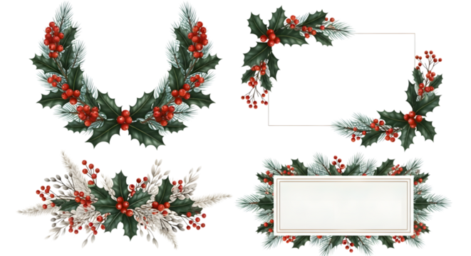 Christmas wreath, corner decoration, and banner with holly, berries, and pine needles