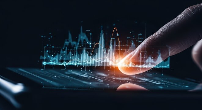 Financial analyst uses digital interface with business analytics to evaluate stock market data and investment strategy for economic growth