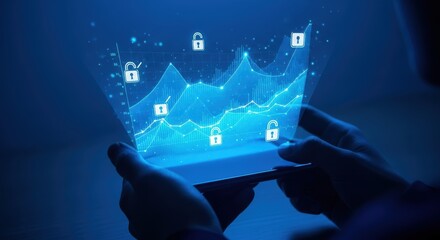 Person using a tablet to view a financial growth chart with security padlocks representing data protection and online safety investment