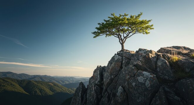 Resilient small tree growing high out of a harsh, weathered rock formation on a steep cliff edge, symbolizing tenacity and natural survival ,challenge, high, arid