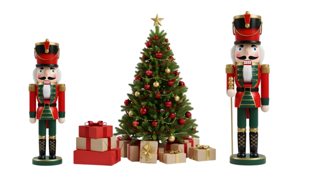 Two nutcracker soldiers flanking a decorated christmas tree with gifts at the base