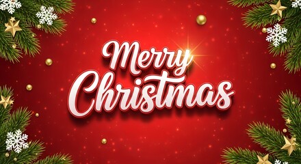 Festive merry christmas greeting with sparkling lights and evergreen branches adorned with snowflakes and stars