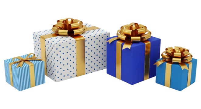 A collection of gift boxes wrapped in blue and white paper with gold ribbon and bows