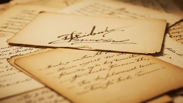 Macro perspective gliding across a stack of aged, yellowed letters and documents showcasing intricate, timeless cursive writing on antique paper