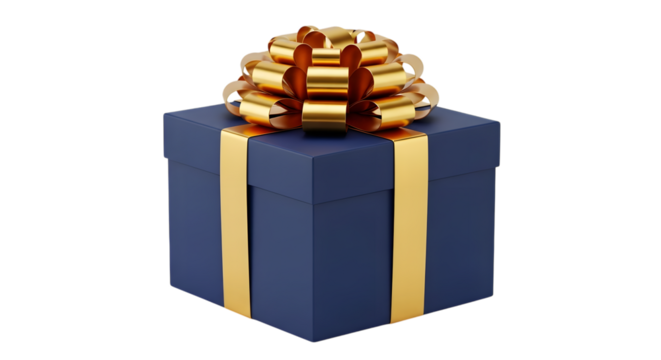 A single, elegant navy blue gift box with a golden ribbon and bow, isolated on a transparent background, perfect for celebrations and special occasions