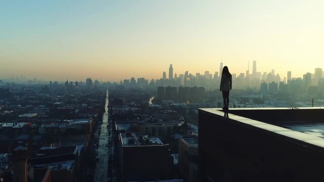 Drone style push toward silhouette standing on rooftop with city skyline at dawn