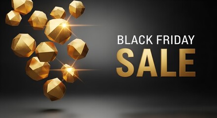 Golden geometric shapes floating with black friday sale text on dark background