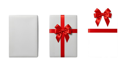 Gift box wrapped in white paper with red ribbon