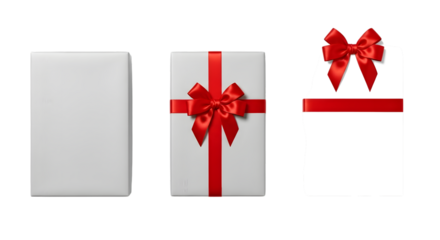 Gift box wrapped in white paper with red ribbon