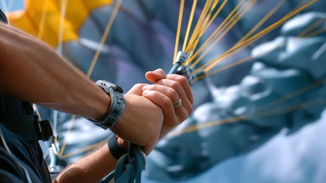 Close-up of hands gripping control lines with defocused body and sharp parachute fabric visible above, with copy space