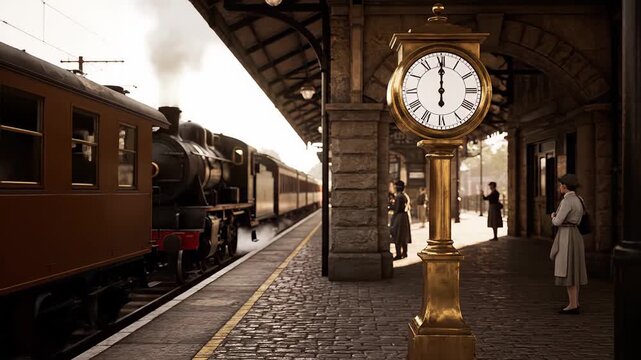 Antique steam locomotive chugging into a traditional railway station. Visitors adorned in retro attire stand on the cobblestone platform, awaiting their arrival