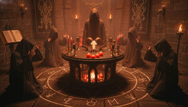 Hooded figures performing dark occult ritual around illuminated pentagram altar in candlelit chamber with esoteric symbols and the skull of a goat, creating sinister ceremonial atmosphere. Satanism	

