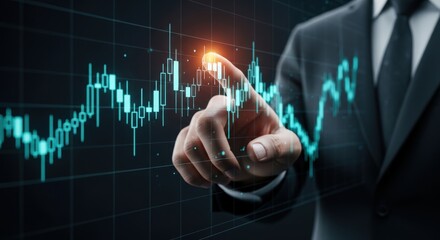 Financial expert analyzes stock market data points on a digital screen for strategic investment decisions and future growth