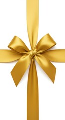 Fototapeta premium Opulent metallic gold satin ribbon tied into a perfect bow, presented beautifully on a clean, crisp white background, symbolizing luxury and festive elegance ,package ,decoration ,shiny