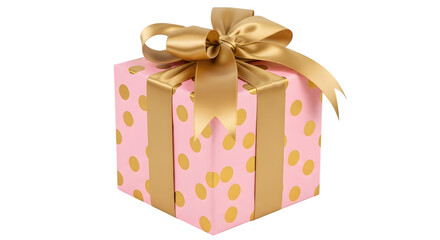 A pink gift box with gold polka dots and a gold ribbon bow