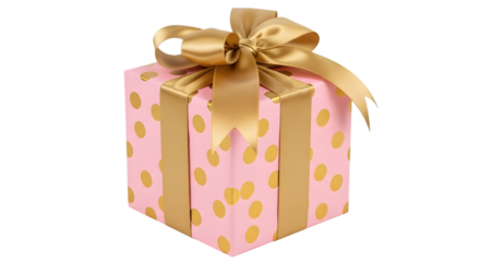 A pink gift box with gold polka dots and a gold ribbon bow