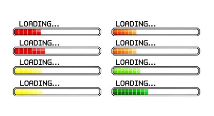 Set of eight progress bars with different colors and stages of loading indicating data transfer and system processes