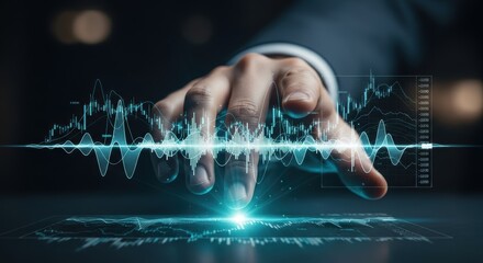Digital transformation depicts hand interacting with virtual data charts for visualizing business intelligence and financial market analysis