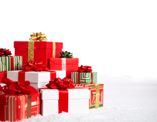 A large stack of christmas presents in red and green boxes with ribbons and bows