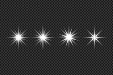 A collection of sparkling white starbursts and light effects displayed on a transparent dark background