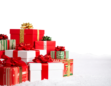 A large stack of christmas presents in red and green boxes with ribbons and bows