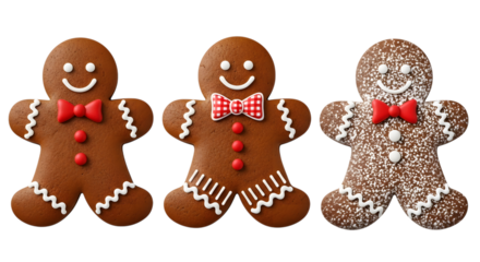Three gingerbread man cookies with icing decoration