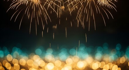 Golden fireworks explode in the night sky above a blurred bokeh of festive lights